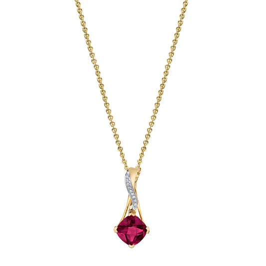 Cushion Rhodolite Garnet Pendant with Diamonds in 14K Yellow Gold