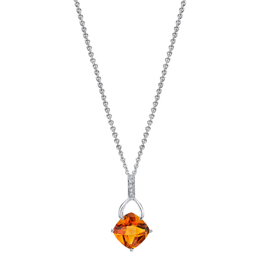 Cushion Madiera Citrine Wishbone Pendant with Diamonds in 14K White Gold
