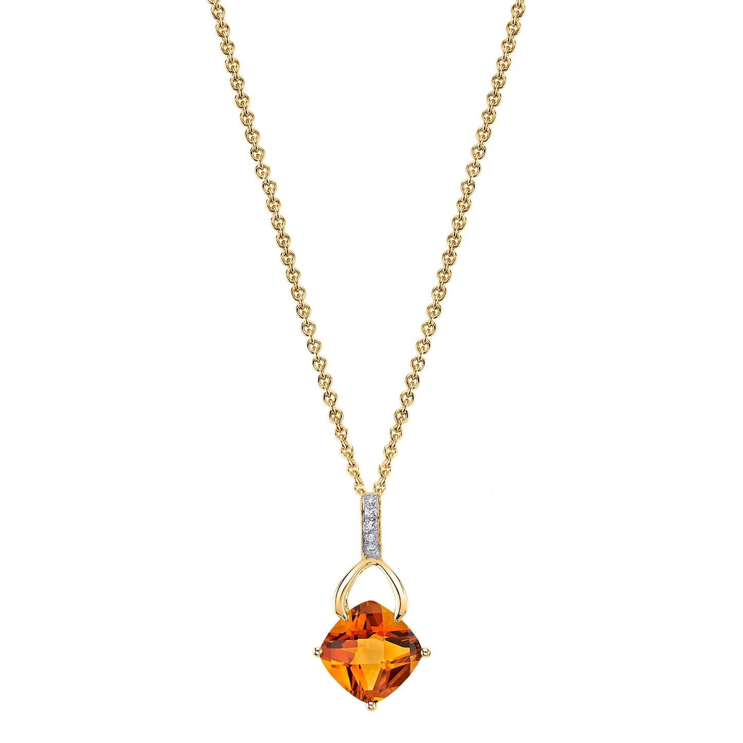 Cushion Madiera Citrine Wishbone Pendant with Diamonds in 14K Yellow Gold