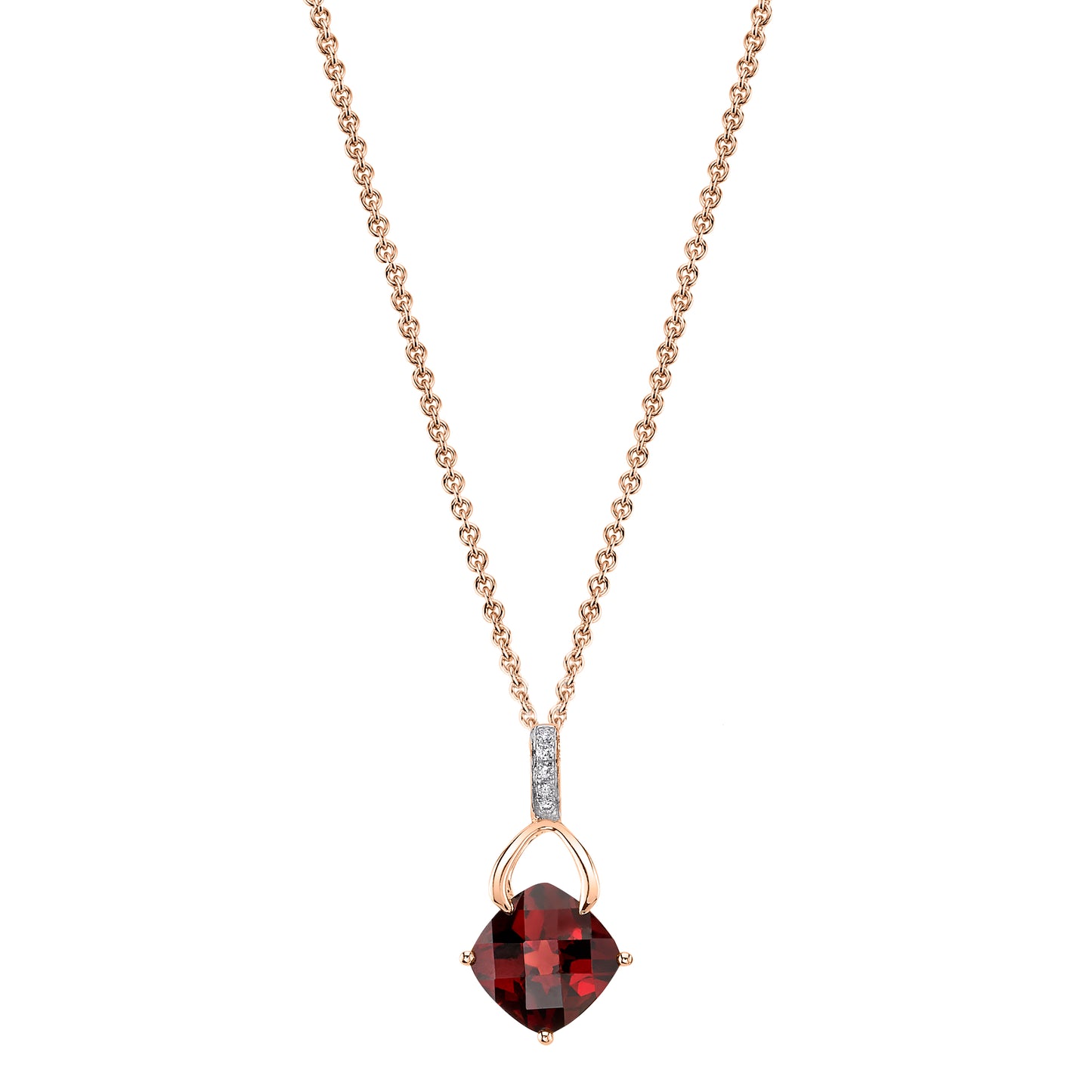 Cushion Garnet Wishbone Pendant with Diamonds in 14K Rose Gold