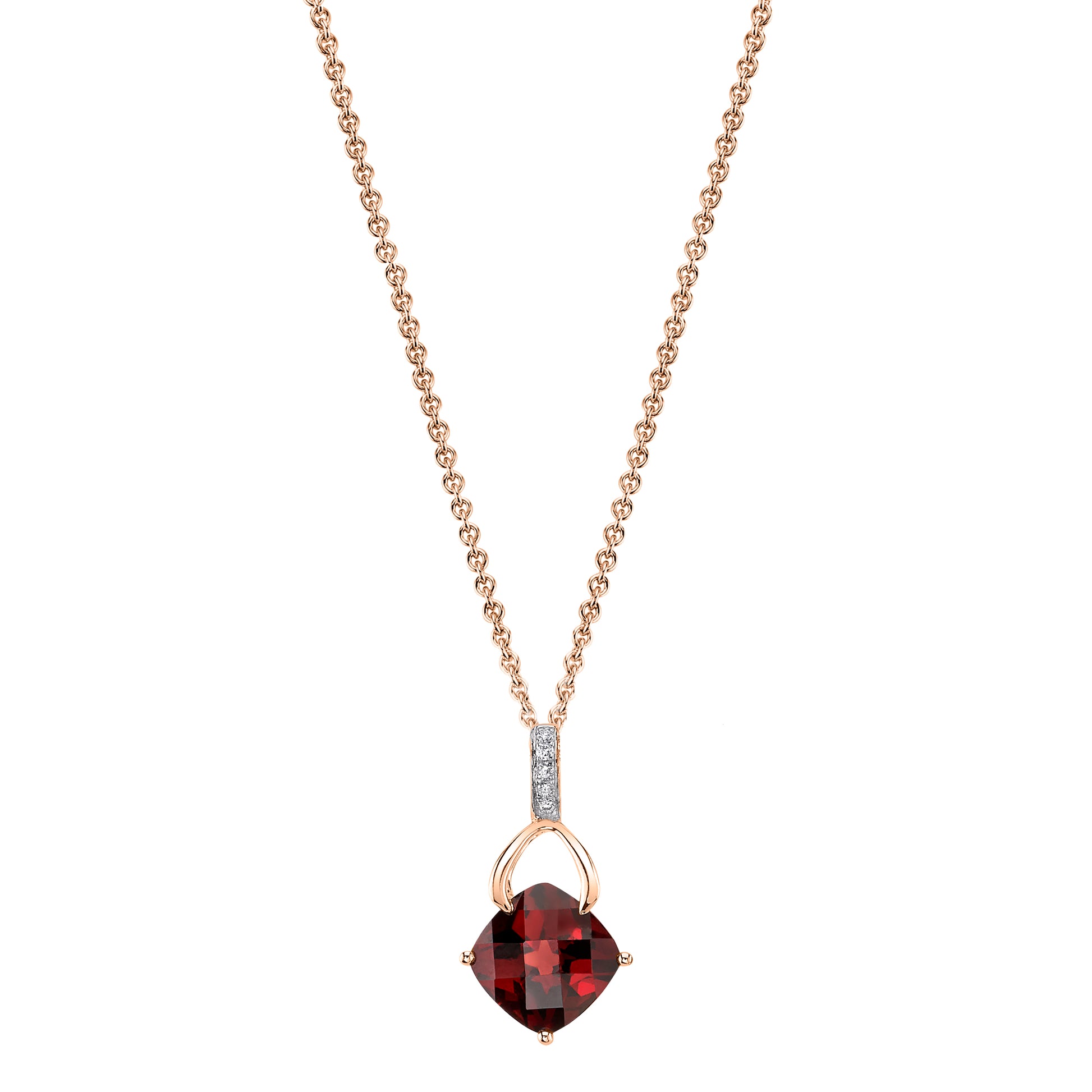 Cushion Garnet Wishbone Pendant with Diamonds in 14K Rose Gold