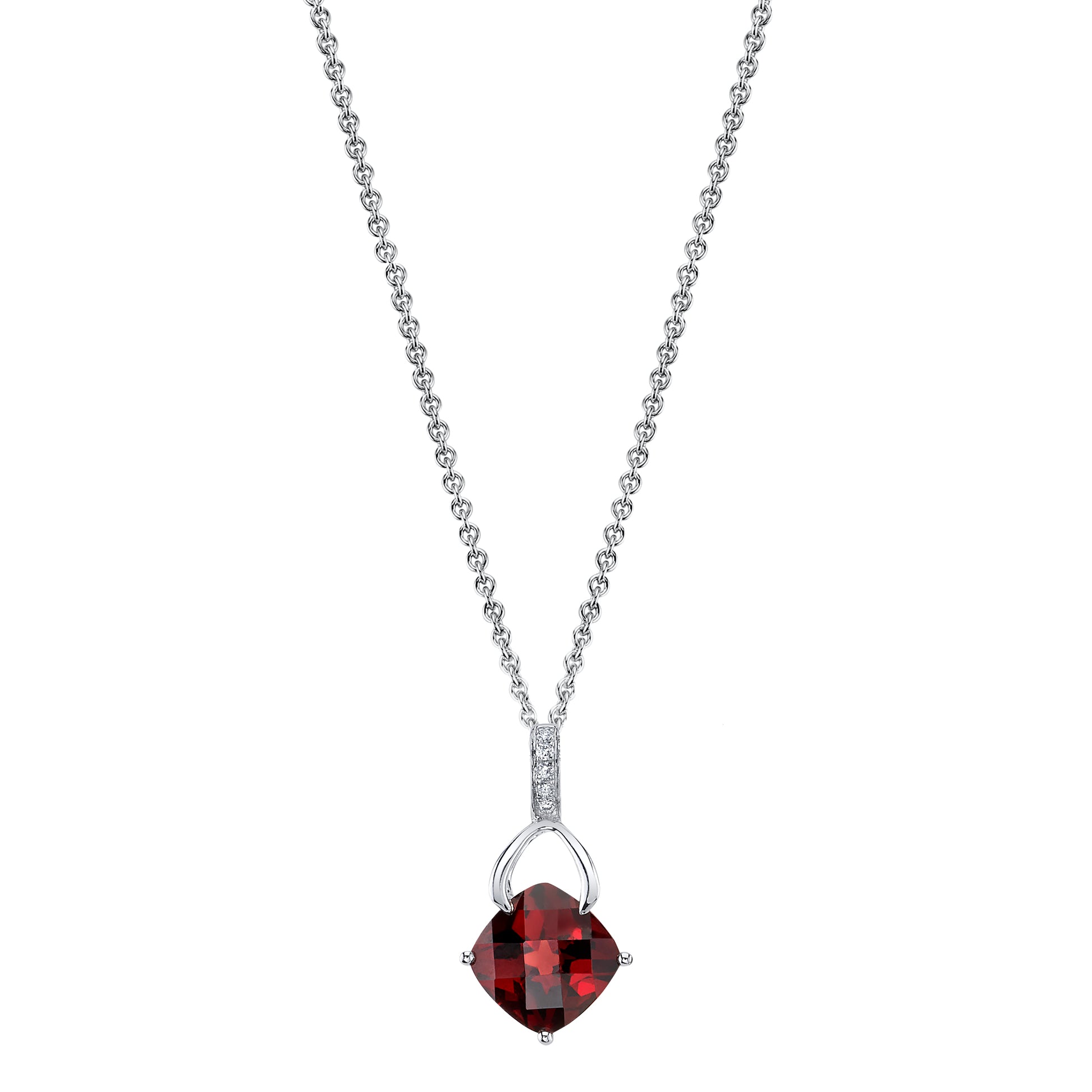 Cushion Garnet Wishbone Pendant with Diamonds in 14K White Gold