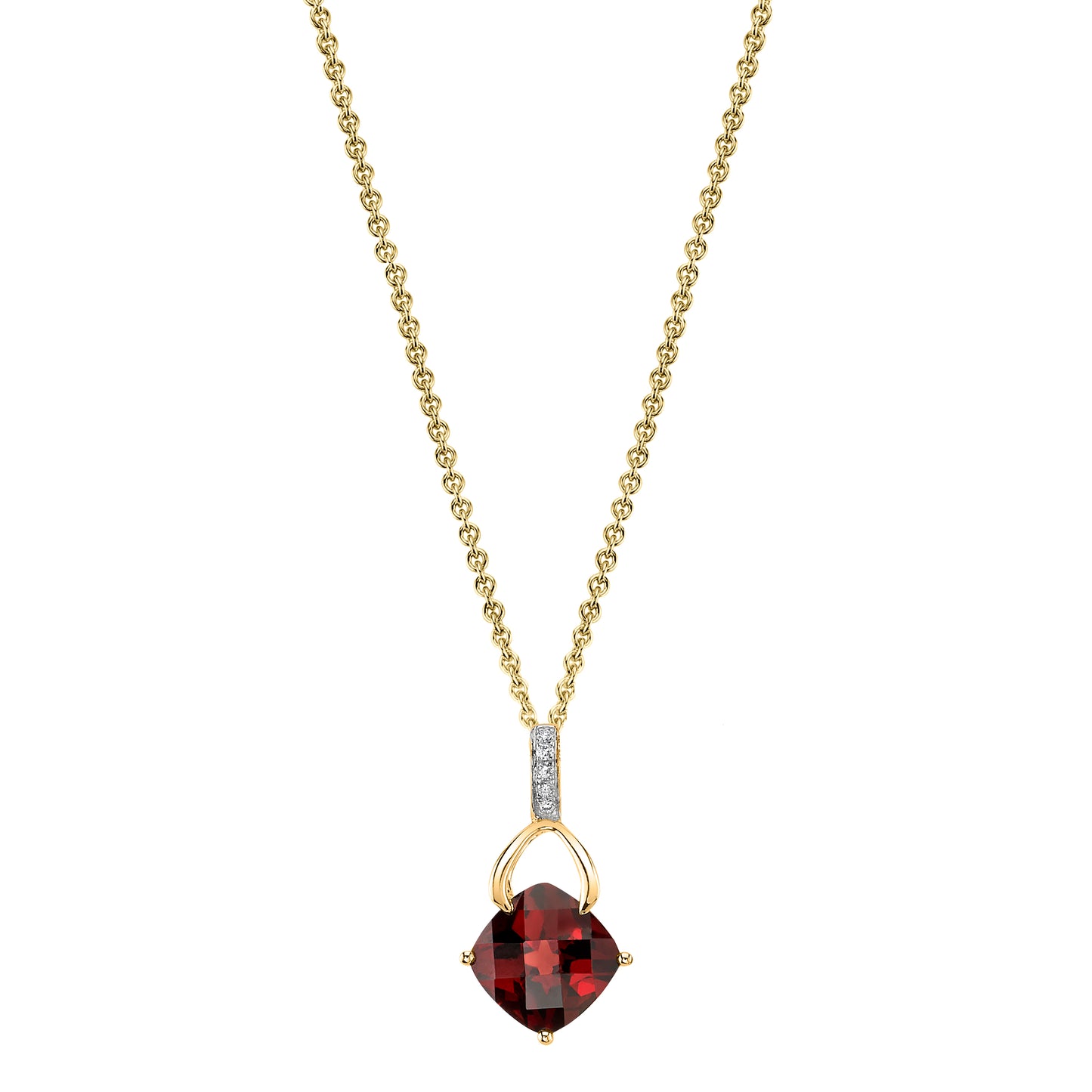 Cushion Garnet Wishbone Pendant with Diamonds in 14K Yellow Gold