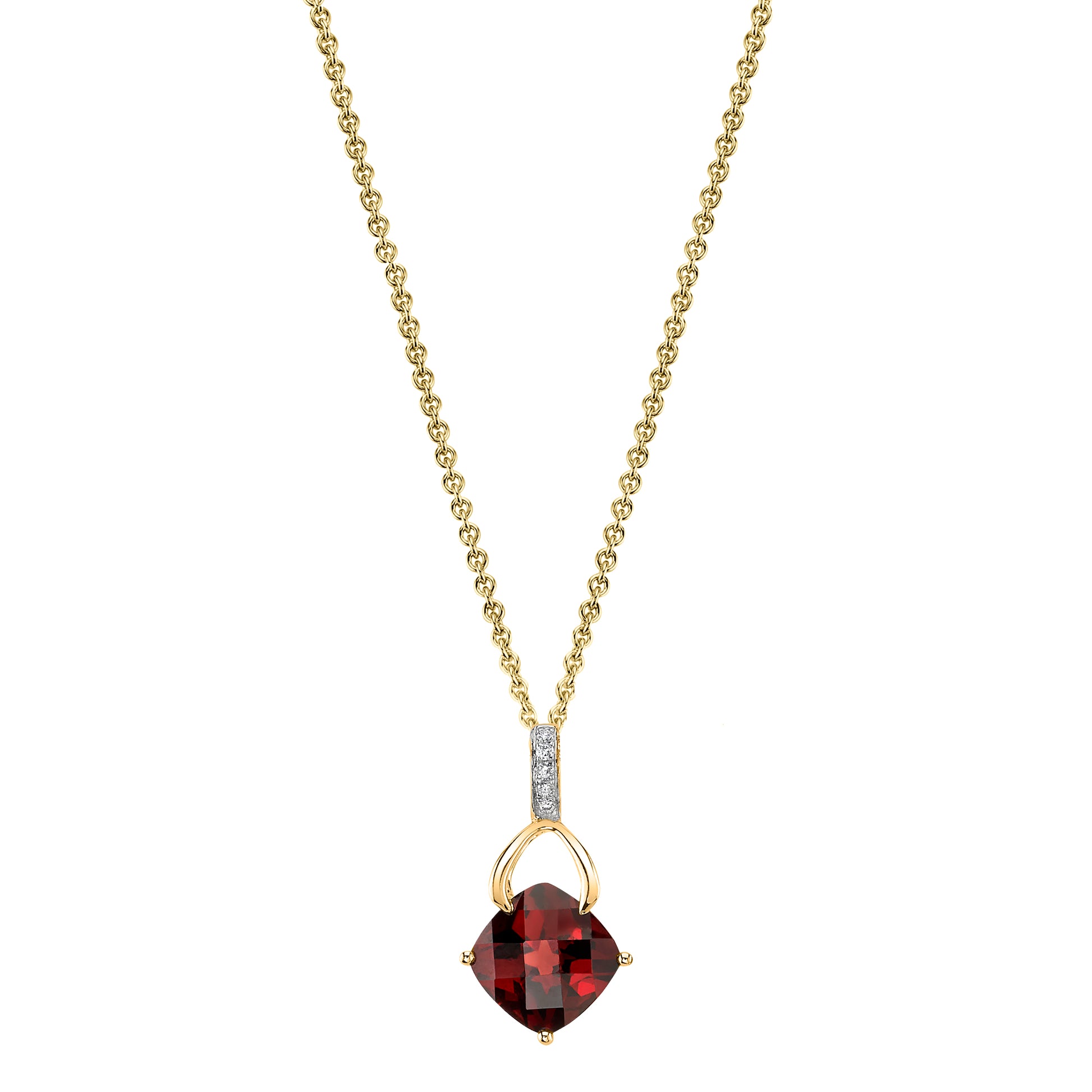 Cushion Garnet Wishbone Pendant with Diamonds in 14K Yellow Gold
