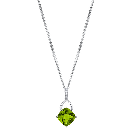 Cushion Peridot Wishbone Pendant with Diamonds in 14K White Gold