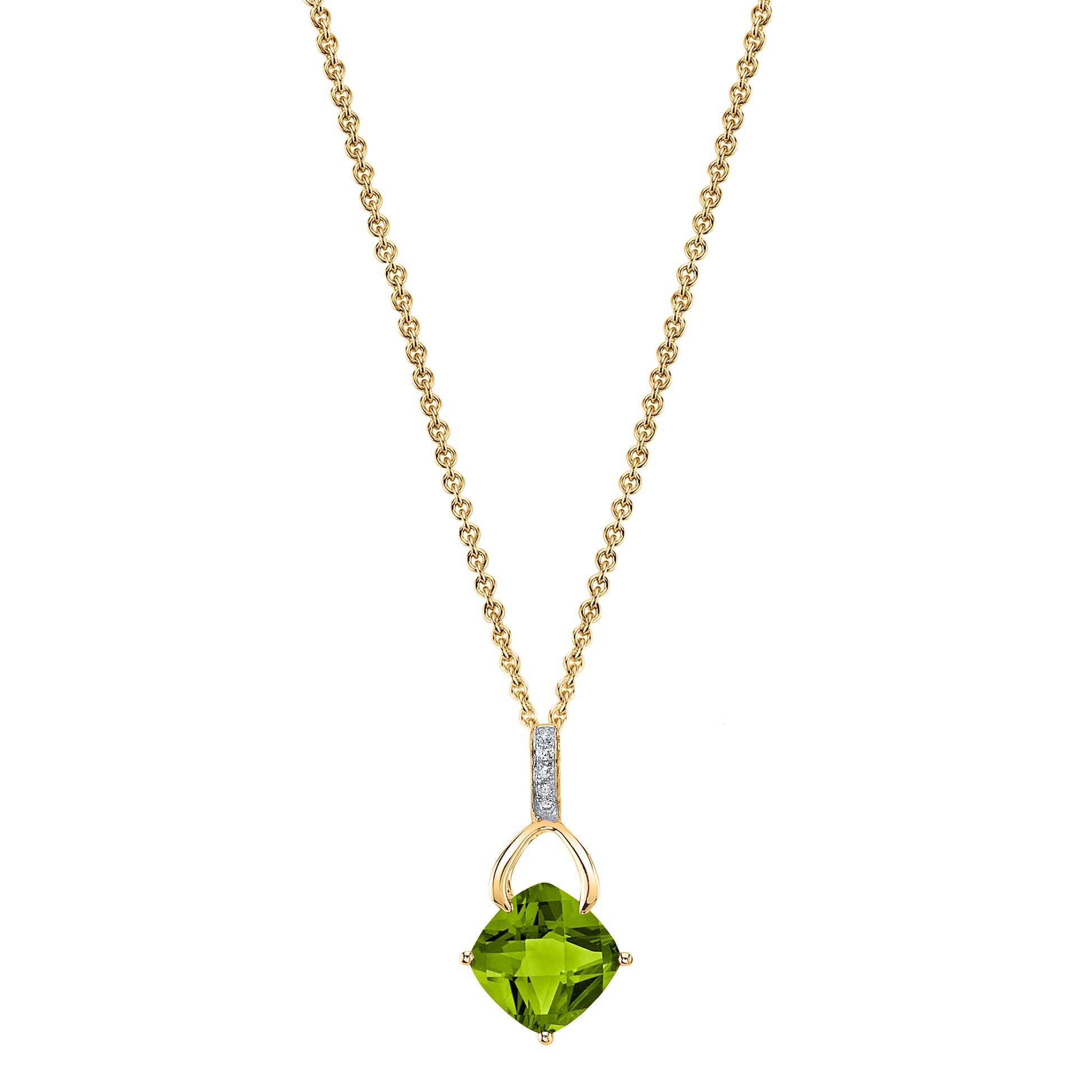 Cushion Peridot Wishbone Pendant with Diamonds in 14K Yellow Gold