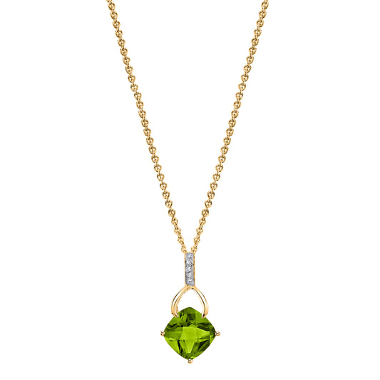 Cushion Peridot Wishbone Pendant with Diamonds in 14K Yellow Gold