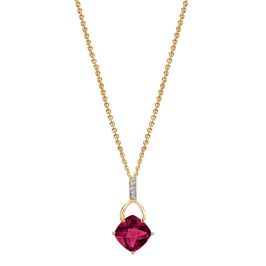 Cushion Rhodolite Garnet Wishbone Pendant with Diamonds in 14K Yellow Gold