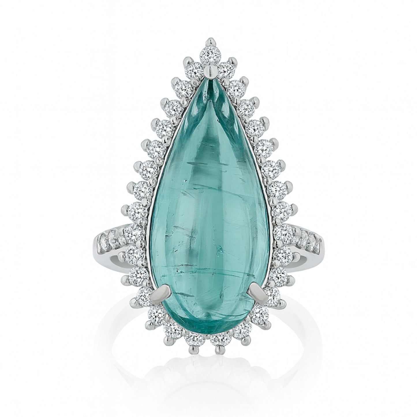 Platinum 17.30ct Pear Shape Cabochon Indicolite 1.46cttw VS White Diamonds Ring