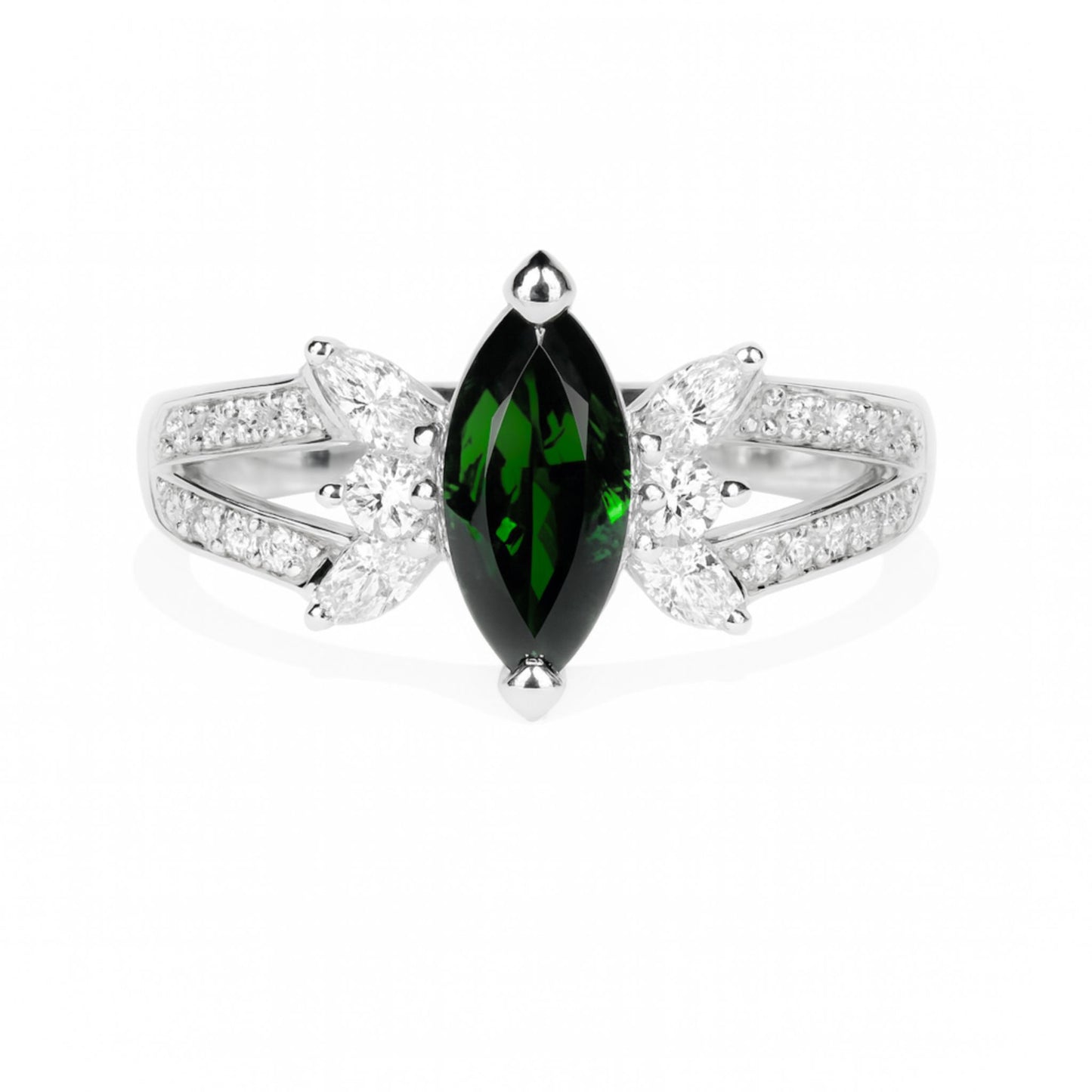 Platinum 1.01ct Marquise Tsavorite 0.31cttw Round and Marquise White Diamonds Ring