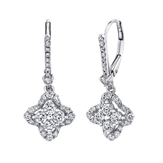 Natural White Diamond Clover Drop Earrings in 14K White Gold
