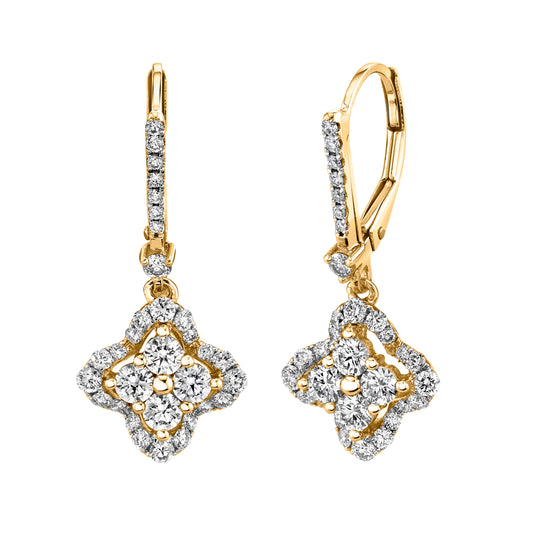 Natural White Diamond Clover Drop Earrings in 14K Yellow Gold