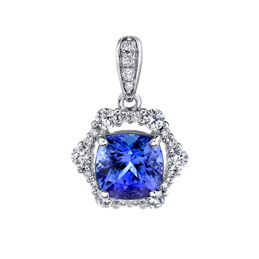 14K 1.25ct Cushion Blue Wing Tanzanite 0.38cttw VS White Diamond Pendant