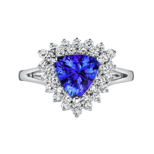 14K 1.50ct Trillion Blue Wing Tanzanite 0.69cttw VS White Diamond Ring