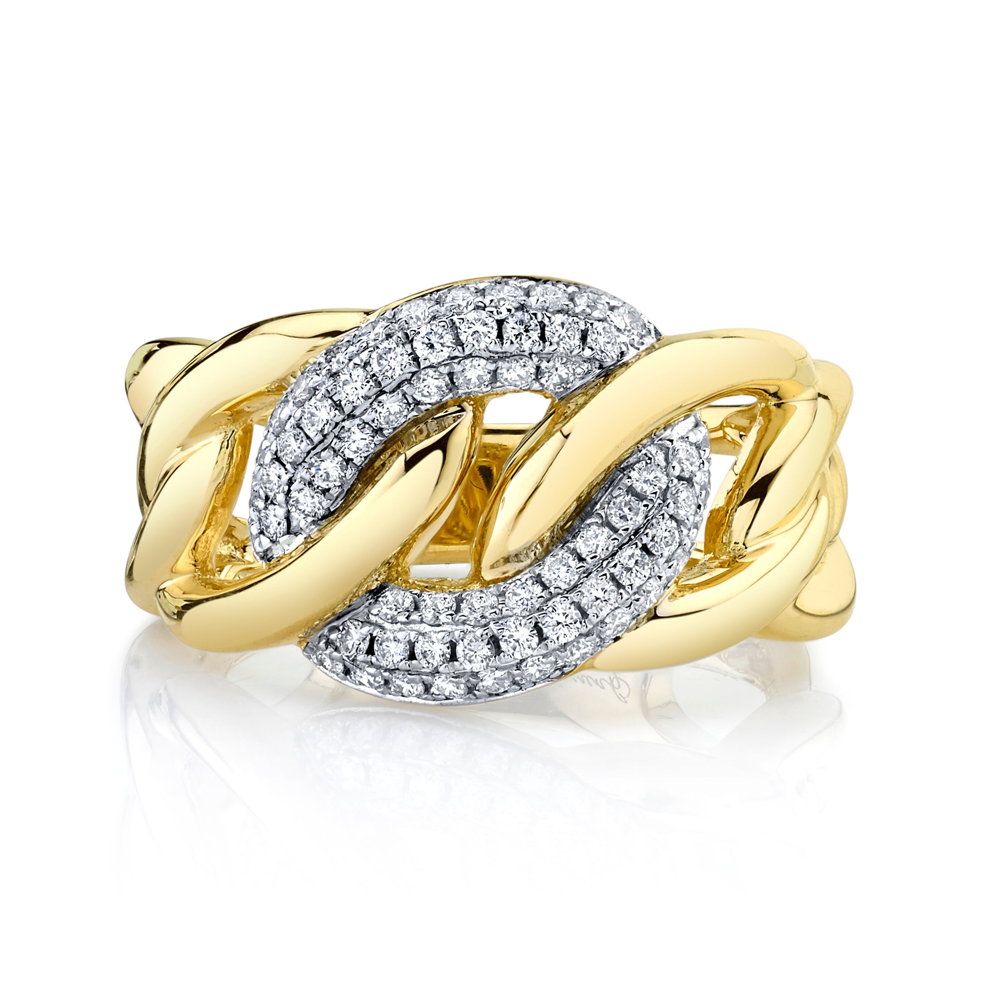 Natural White Diamond Cuban Link Ring in 14K Yellow Gold