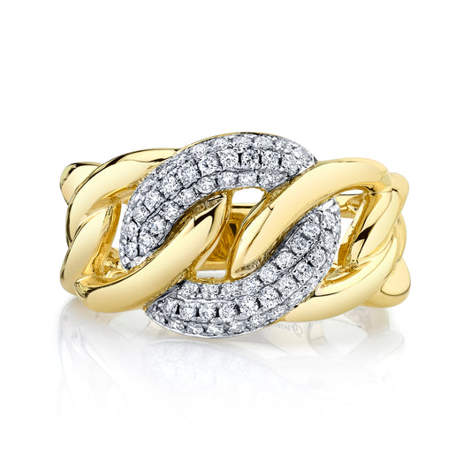 Natural White Diamond Cuban Link Ring in 14K Yellow Gold