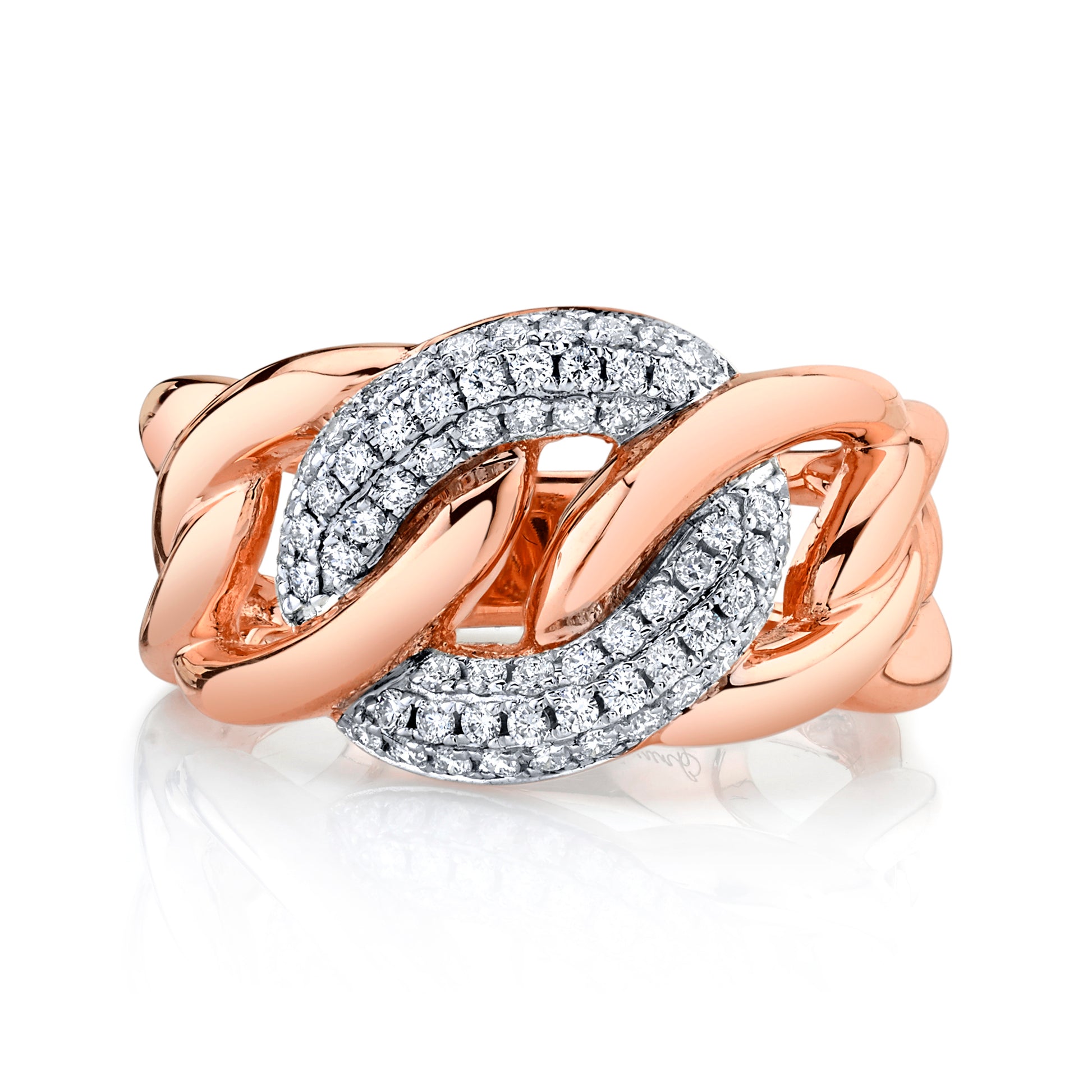 Natural White Diamond Cuban Link Ring in 14K Rose Gold