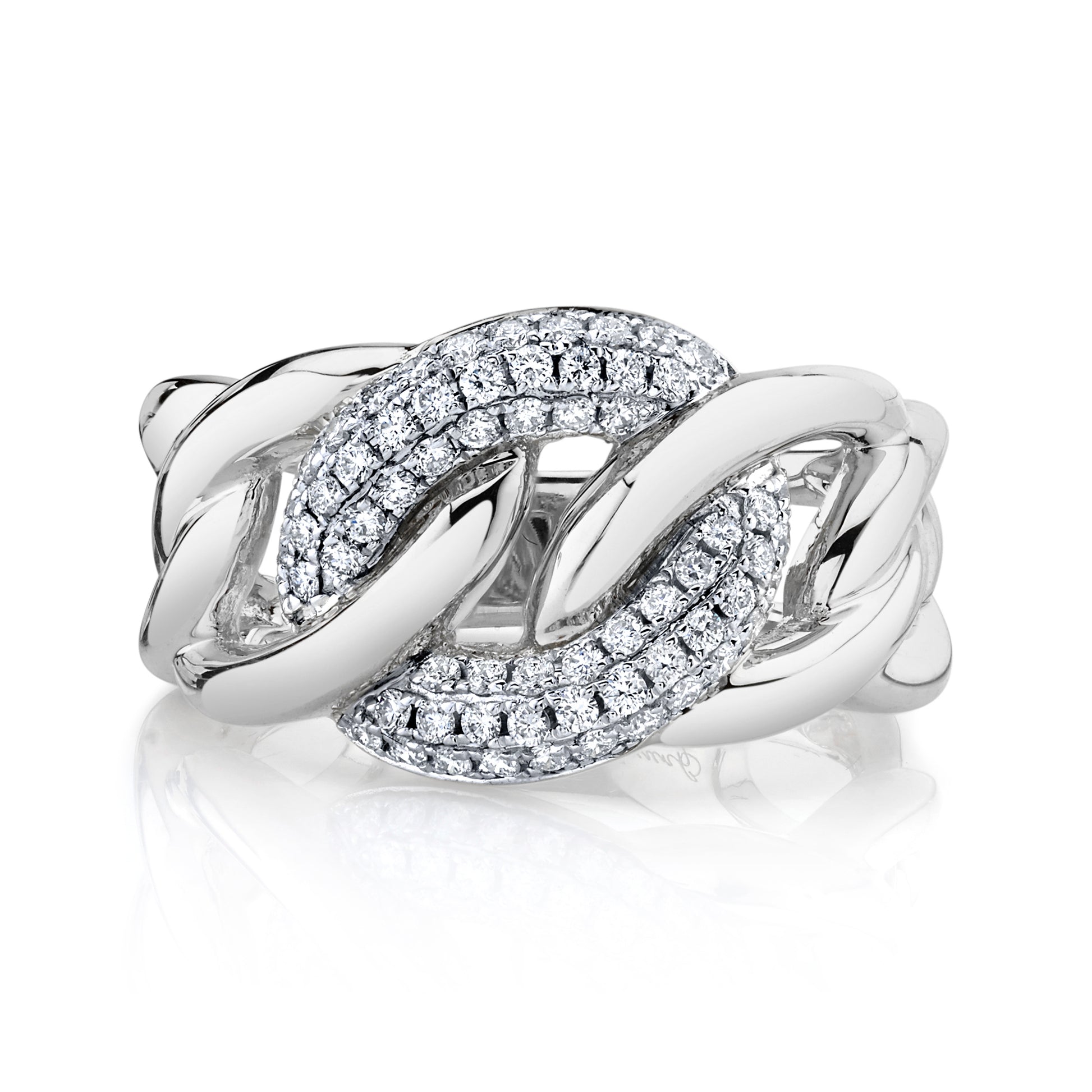 Natural White Diamond Cuban Link Ring in 14K White Gold