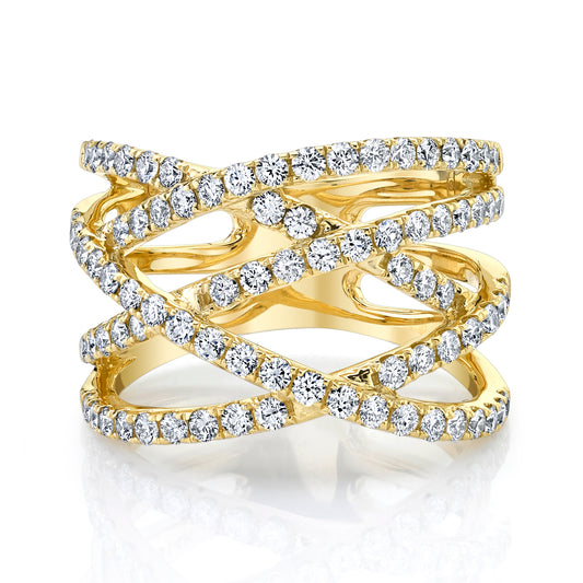 Natural White Diamond Criss Cross Ring in 14K Yellow Gold