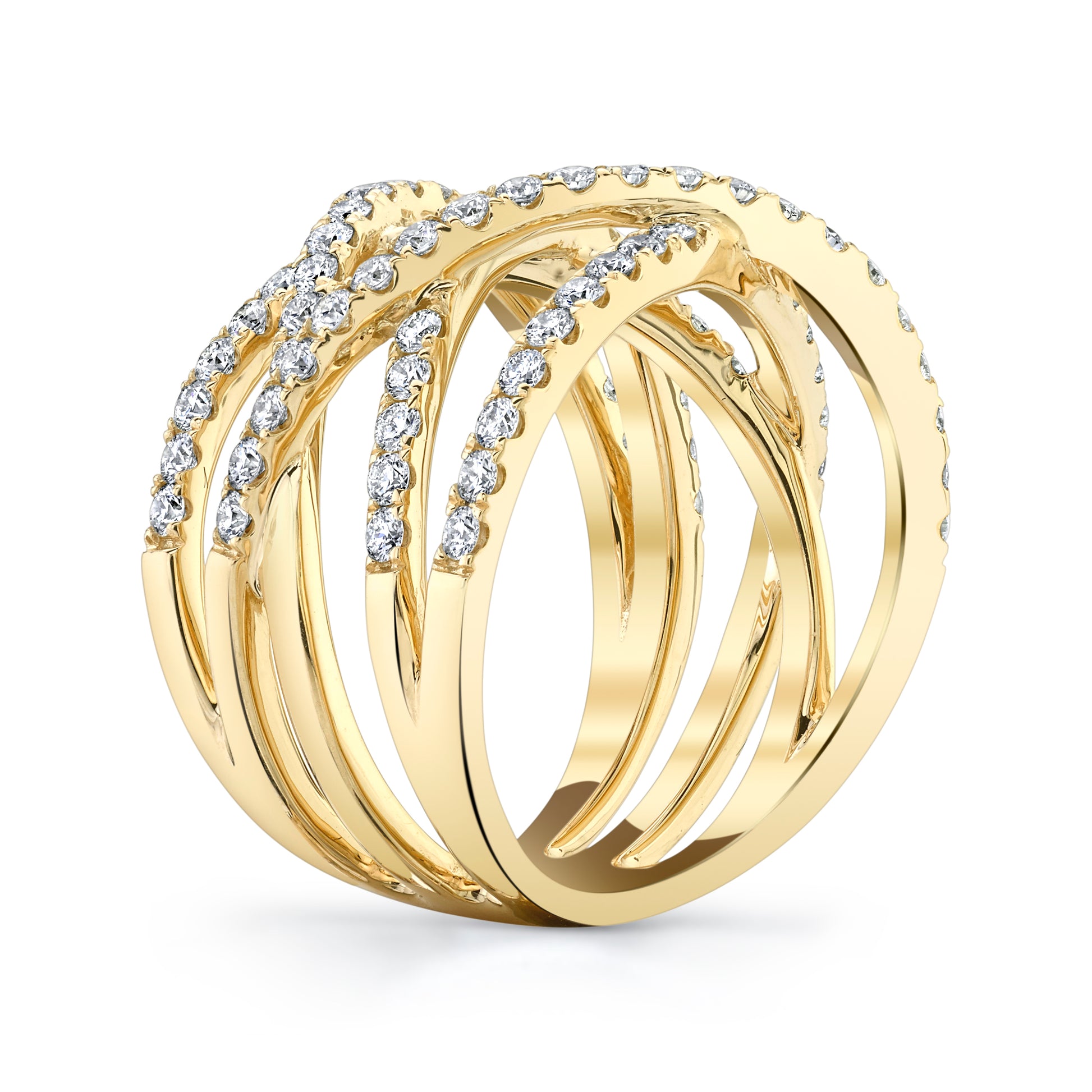 Natural White Diamond Criss Cross Ring in 14K Yellow Gold - Side Profile