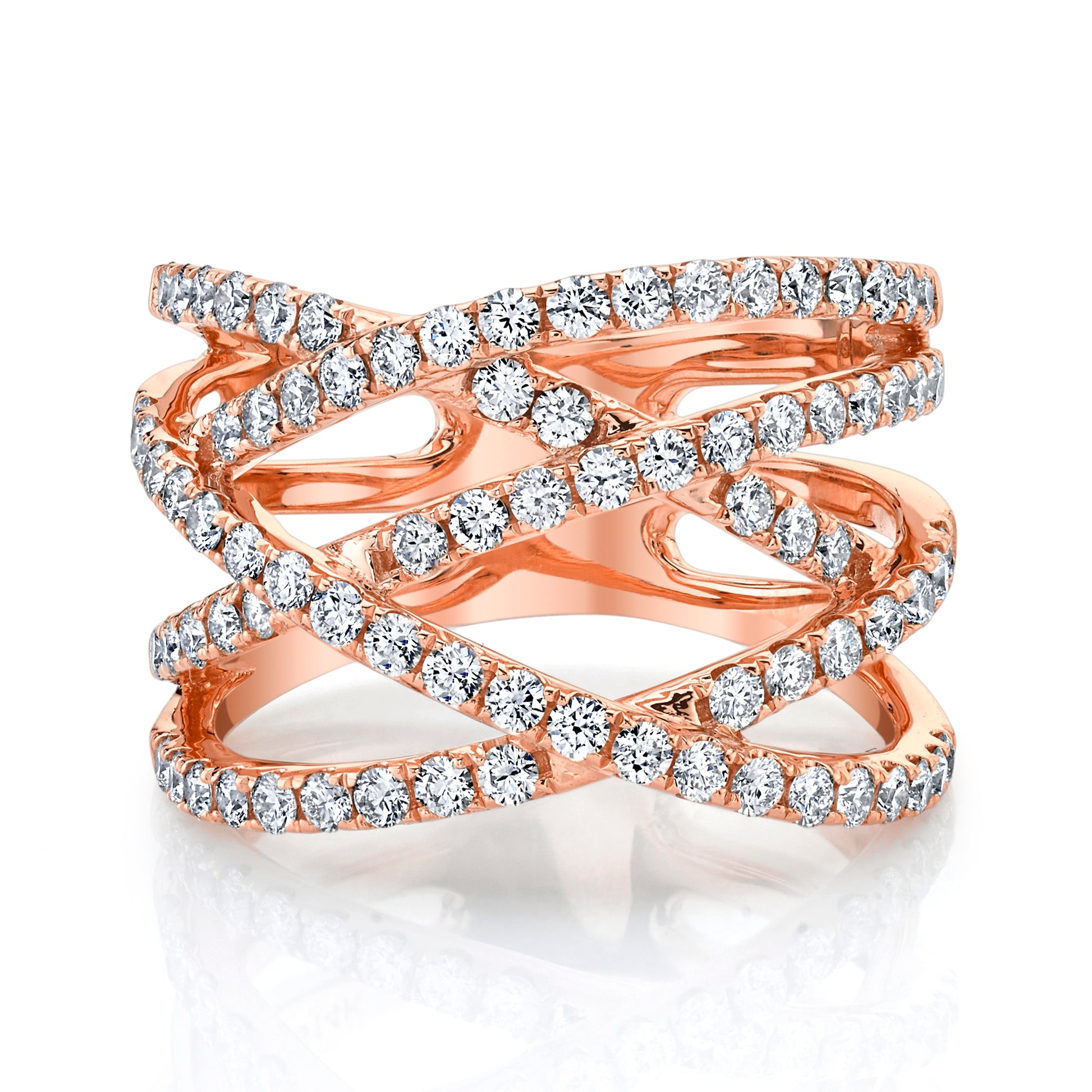 Natural White Diamond Criss Cross Ring in 14K Rose Gold