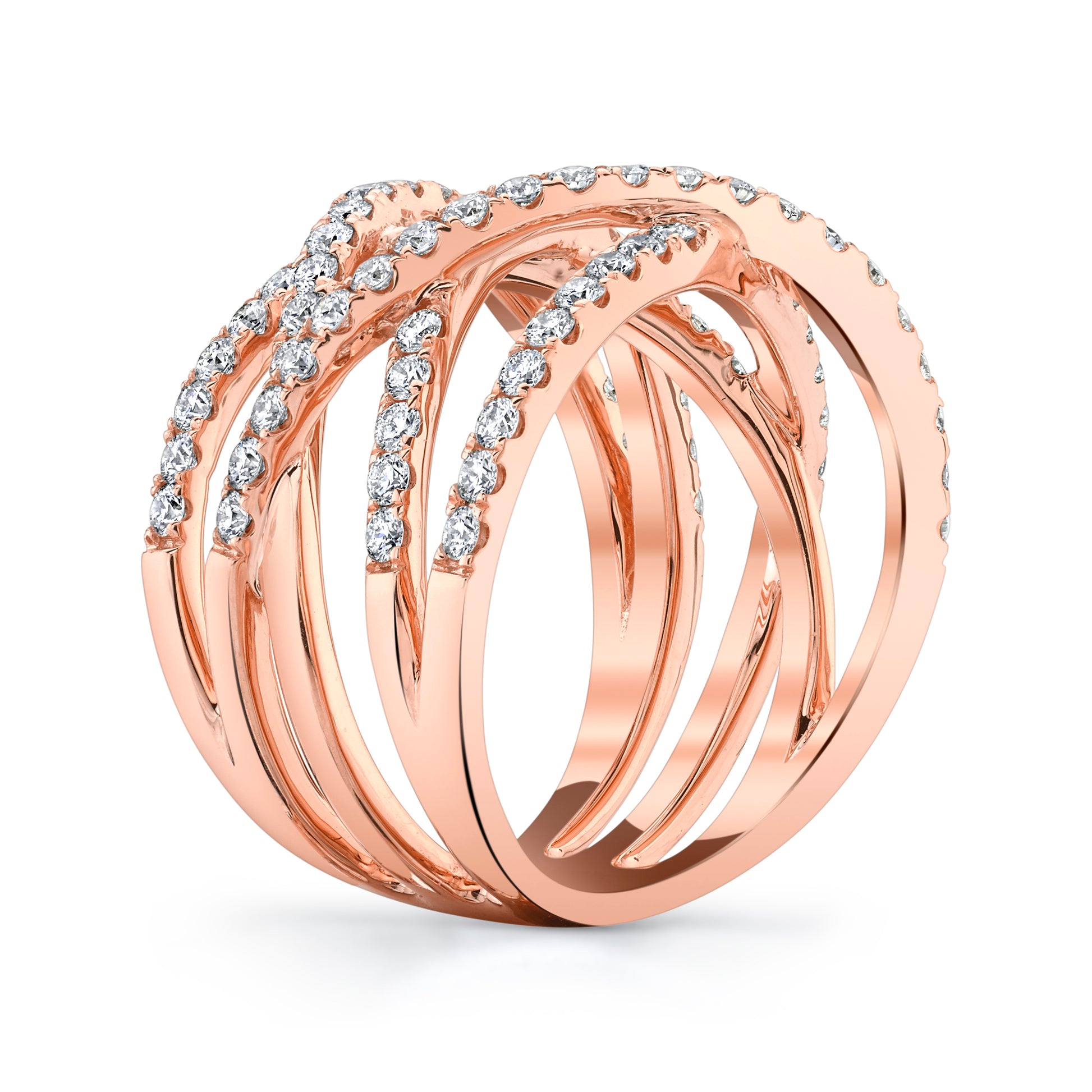 Natural White Diamond Criss Cross Ring in 14K Rose Gold - Side Profile