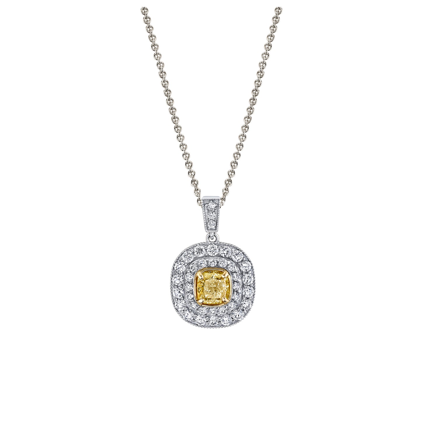 Natural 1 Carat Cushion Yellow Diamond Pendant with Chain in 14K Gold