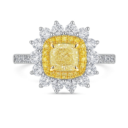 14K 1.00ct Cushion VS Yellow Diamond 0.21cttw Yellow Diamonds 1.17cttw VS White Diamonds Ring