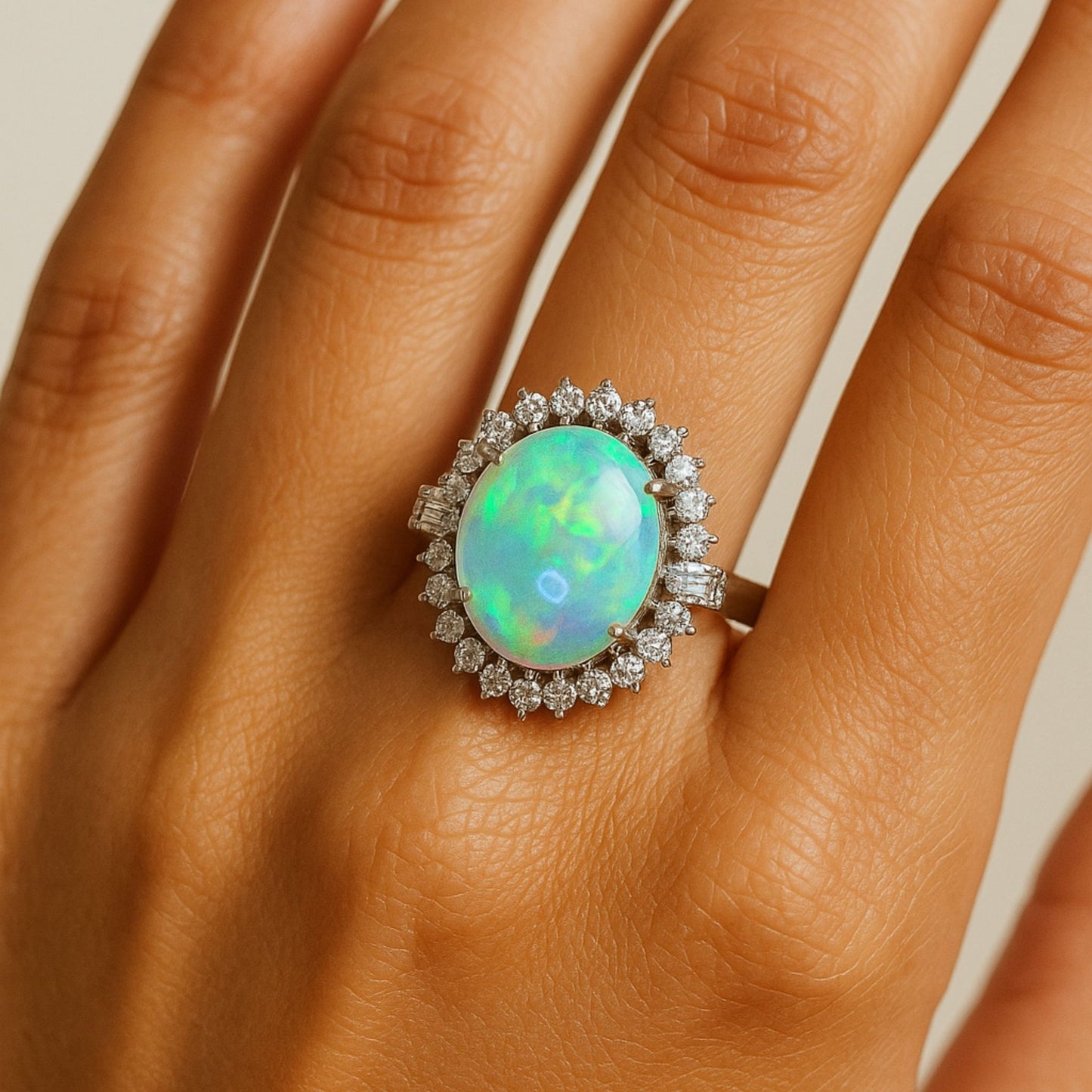 Platinum 4.99ct Oval Australian Opal 0.93cttw White Diamonds Ring