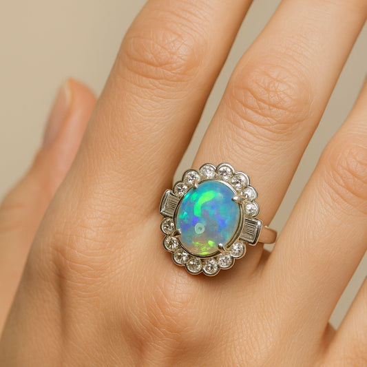 Platinum 4.00ct Oval Australian Opal 1.01cttw White Diamonds Ring