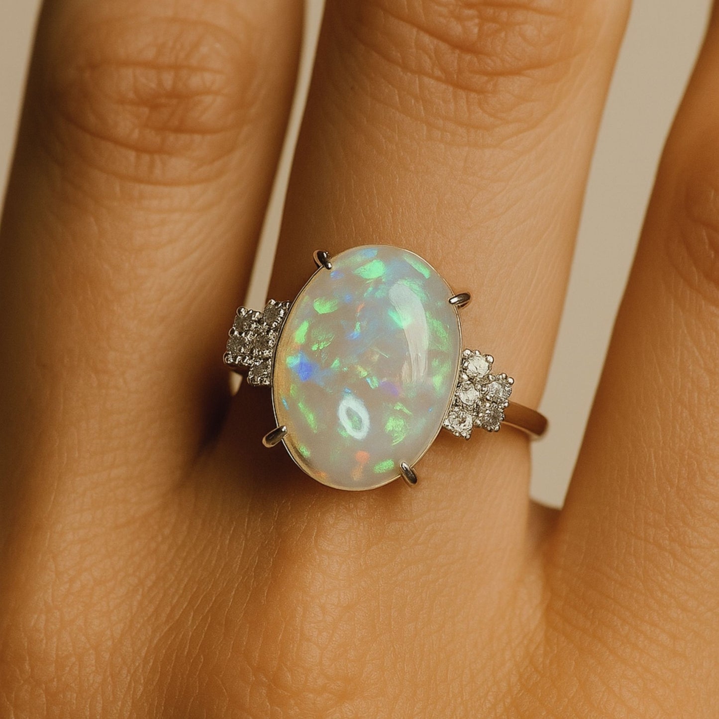 Platinum 5.79ct Oval Australian Opal 0.20cttw White Diamonds Ring