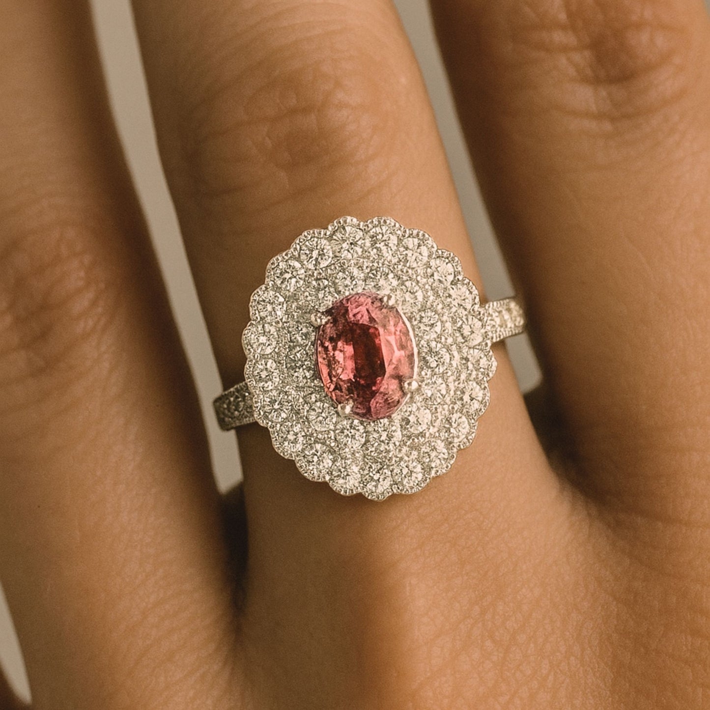 Platinum 1.73ct Oval Unheated Padparadscha 1.00cttw White Diamonds Ring