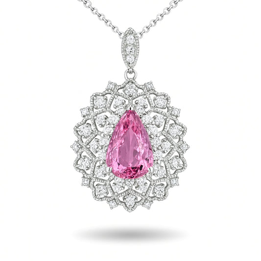 Platinum 3.63ct Pear Shape Pink Imperial Topaz 1.01cttw White Diamonds Pendant