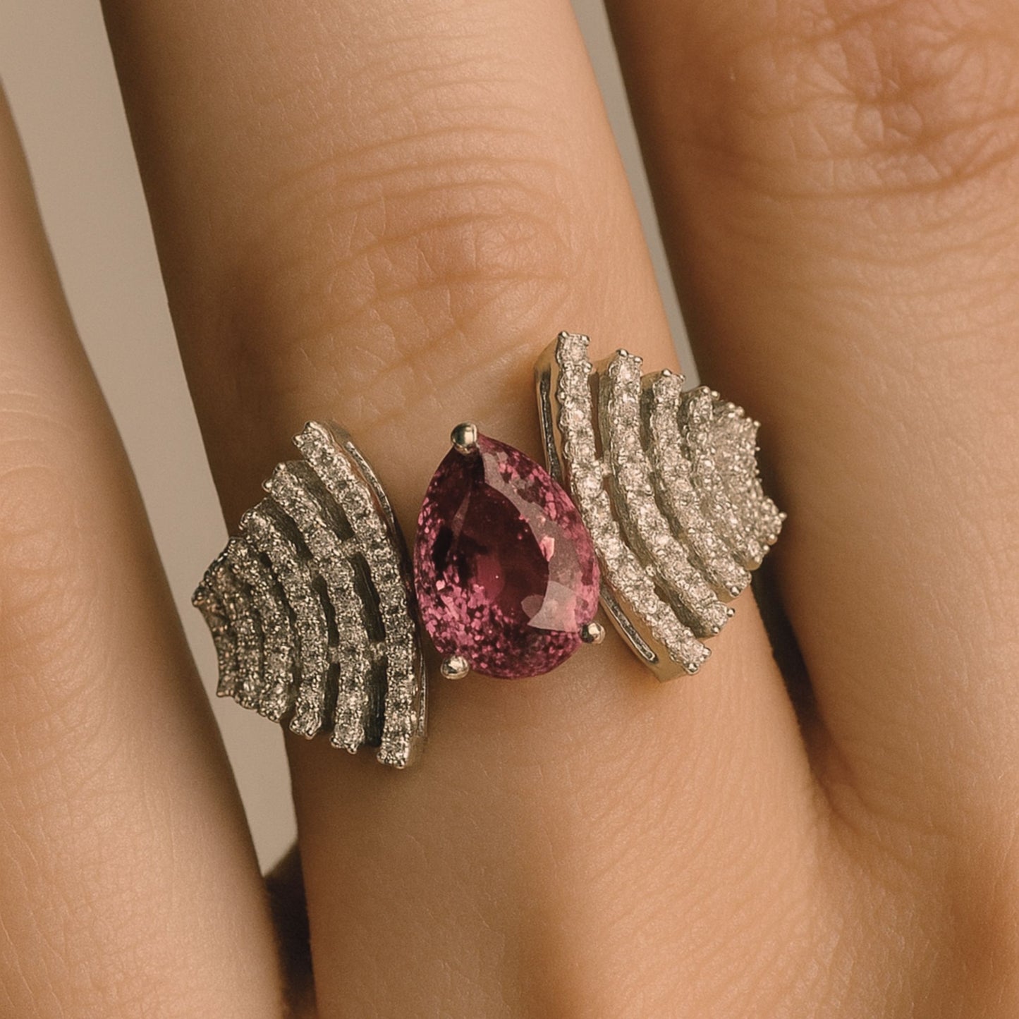 Platinum 2.26ct Pear Shape Padparadscha 0.41cttw White Diamonds Ring