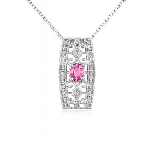 18K 0.48ct Oval Pink Sapphire 0.20cttw White Diamonds Necklace