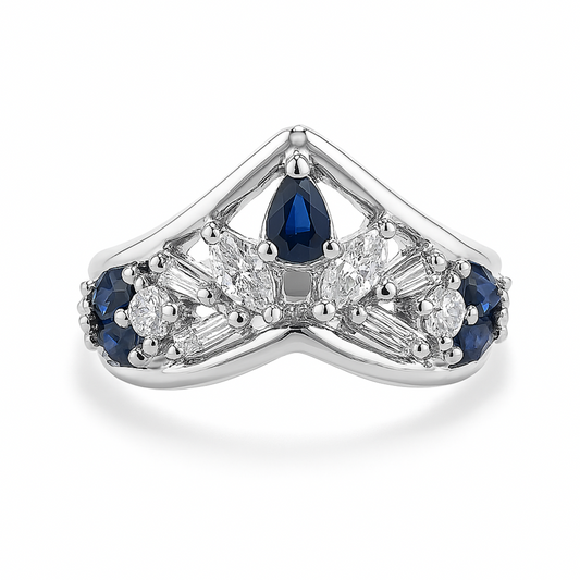 Platinum 0.60cttw Pear & Marquise Blue Sapphire 0.55cttw Round and Tapered Baguette White Diamonds Designer Ring
