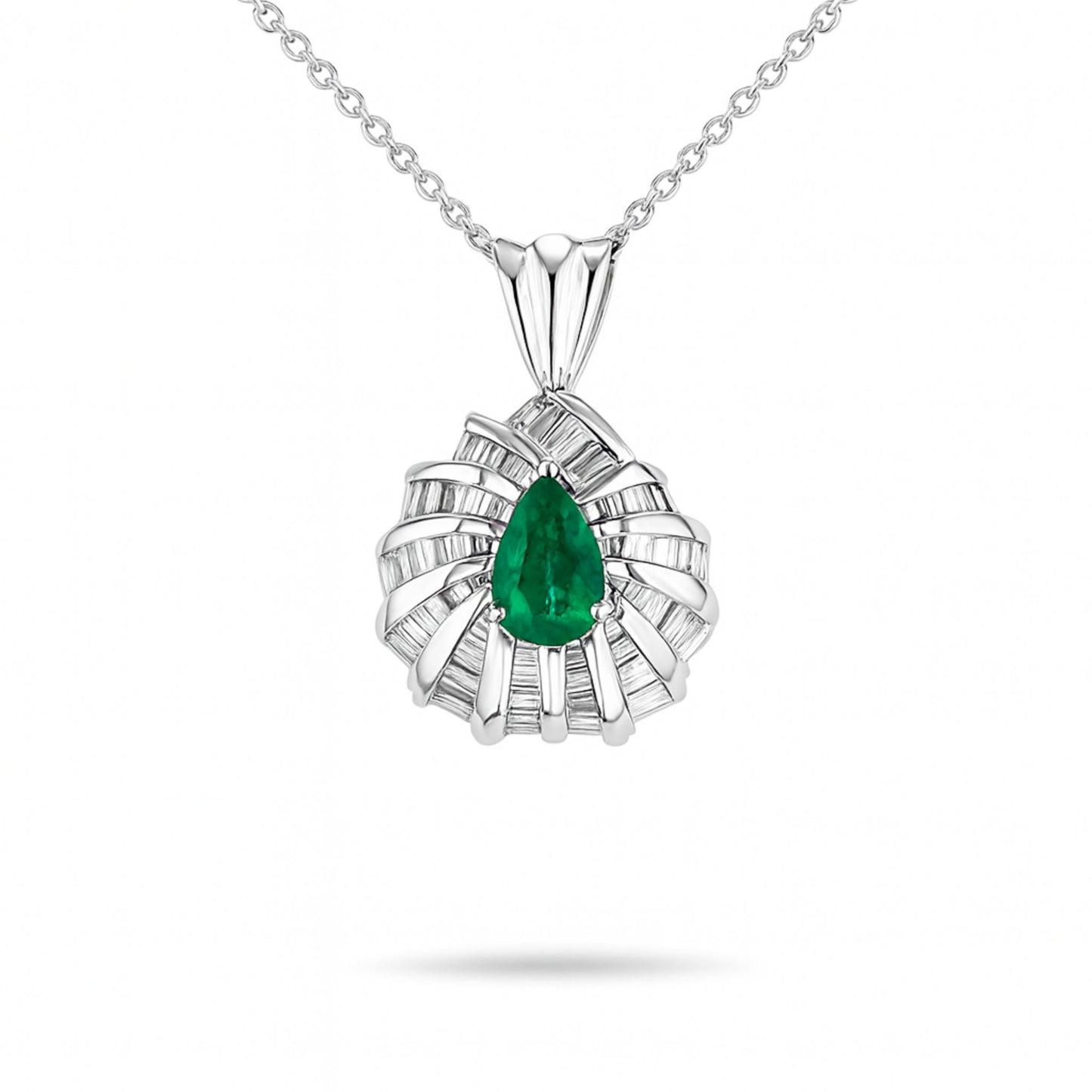 Platinum 0.72ct Pear Shape Colombian Emerald 1.01cttw Tapered Baguette White Diamond Pendant