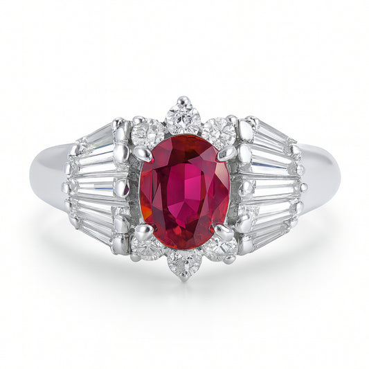 Platinum 0.73ct Oval Ruby 0.55cttw Round and Tapered Baguette White Diamonds Designer Ring