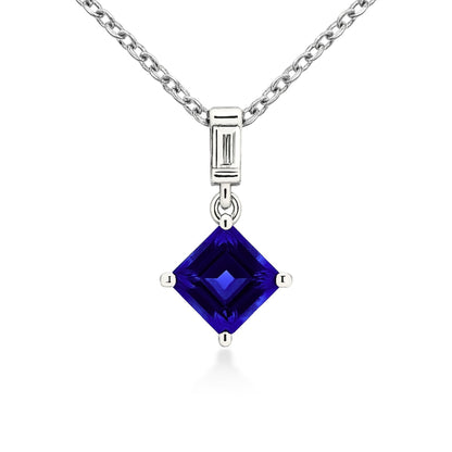 14K 1.20ct Asscher Cut Blue Wing Tanzanite 0.08cttw Baguette VS White Diamond Pendant