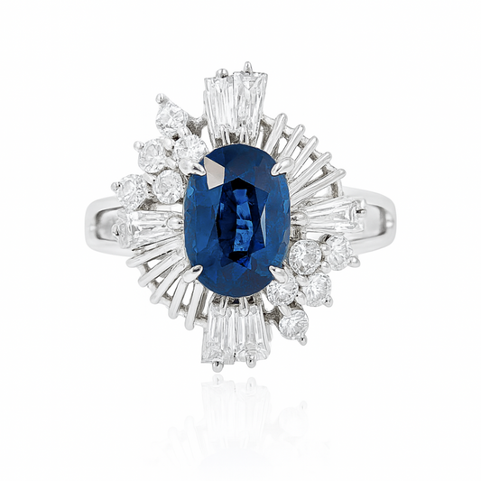 Platinum 1.57ct Oval Blue Sapphire 0.82cttw Round and Tapered Baguette White Diamonds Designer Ring