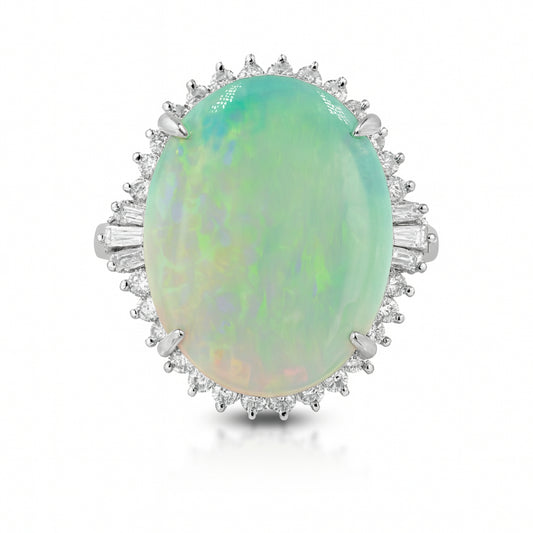 Platinum 11.40ct Oval Australian Opal 0.70cttw White Diamonds Designer Ring