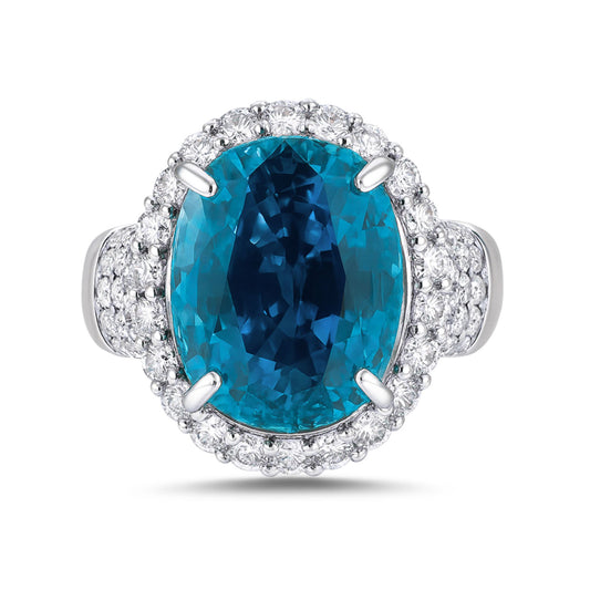14K 11.70ct Oval Private Collection Blue Zircon 0.93cttw VS White Diamonds Ring