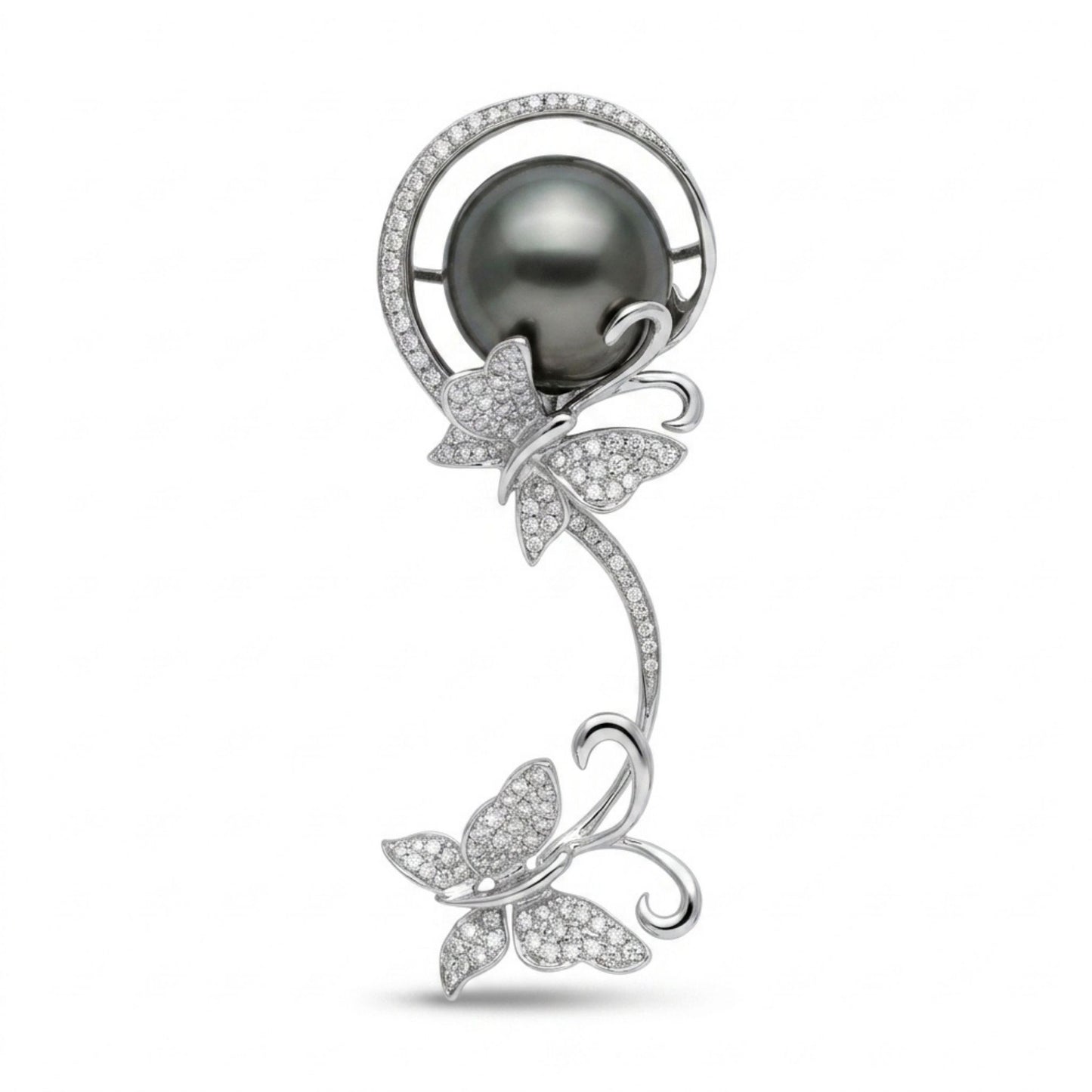 18K 13.5mm Tahitian Black Pearl 0.65cttw VS Diamonds Butterfly Pendant