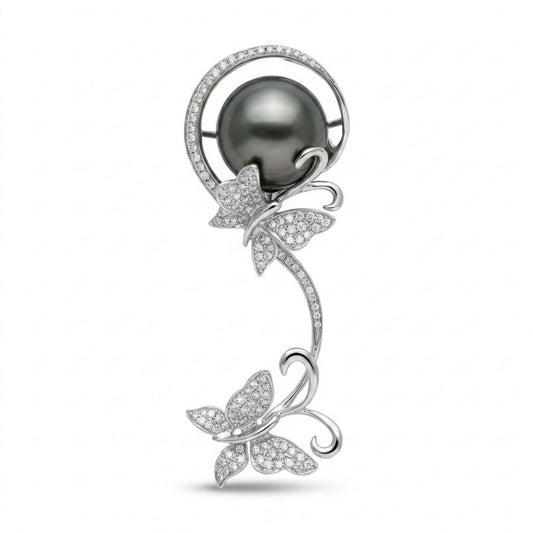 18K 13.5mm Tahitian Black Pearl 0.65cttw VS Diamonds Butterfly Pendant