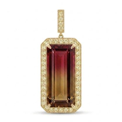 14K 24.51ct Emerald Cut Bi-Color Tourmaline 1.26cttw VS Yellow Diamonds Pendant
