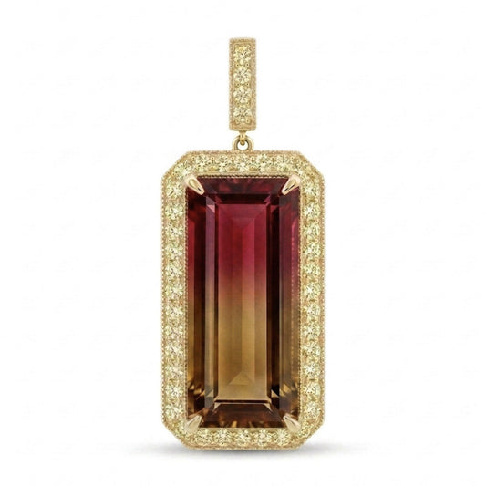 14K 24.51ct Emerald Cut Bi-Color Tourmaline 1.26cttw VS Yellow Diamonds Pendant