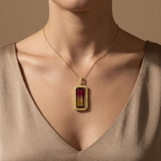 14K 24.51ct Emerald Cut Bi-Color Tourmaline 1.26cttw VS Yellow Diamonds Pendant
