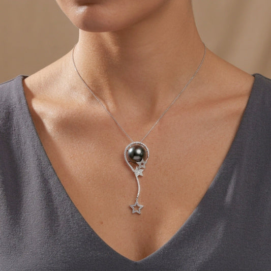18K 13mm Black Tahitian Pearl 0.54cttw VS White Diamonds Pendant