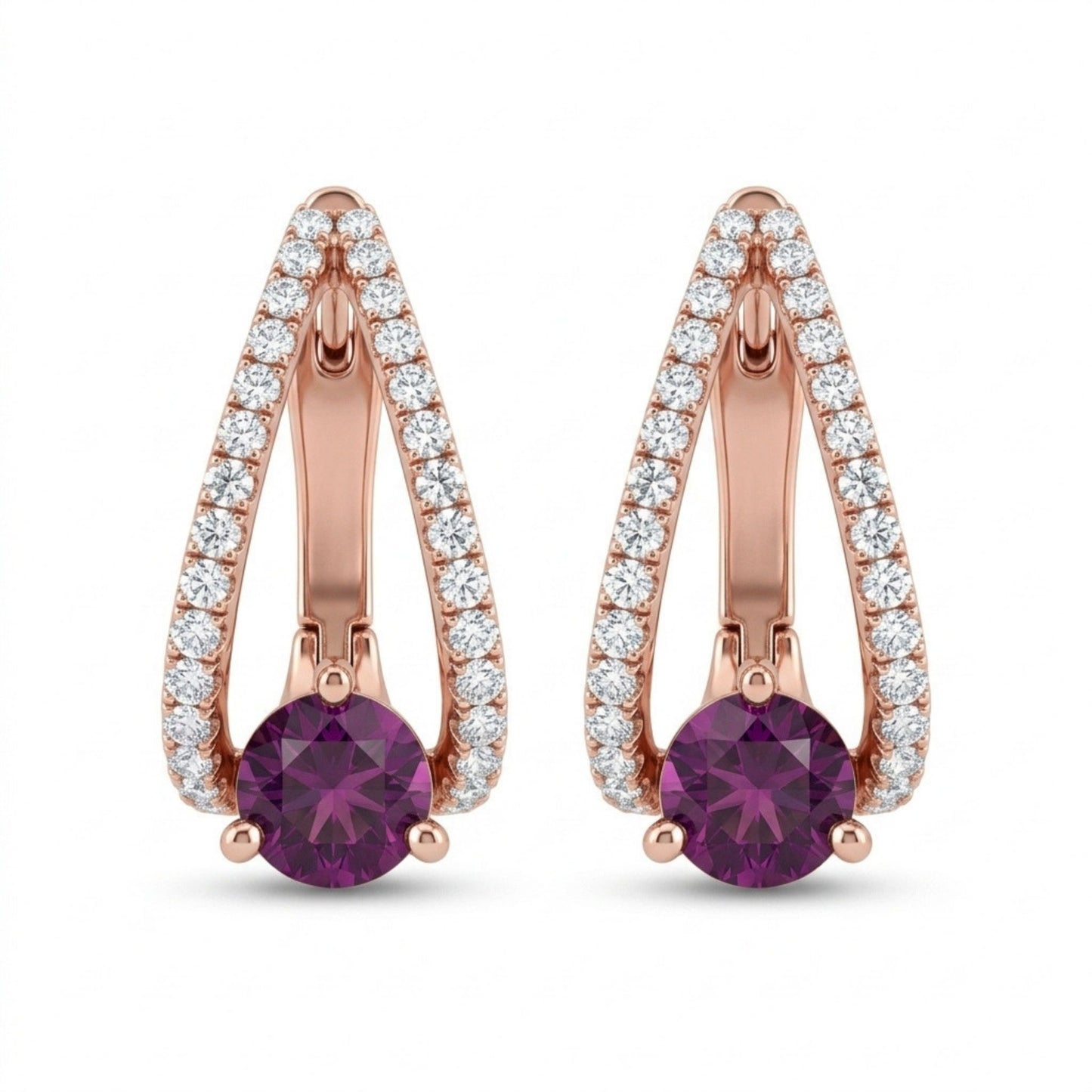 14K 5mm Round Royal Zambaran Garnet 0.55cttw VS White Diamonds Huggie Earrings