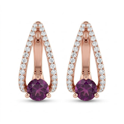 14K 5mm Round Royal Zambaran Garnet 0.55cttw VS White Diamonds Huggie Earrings